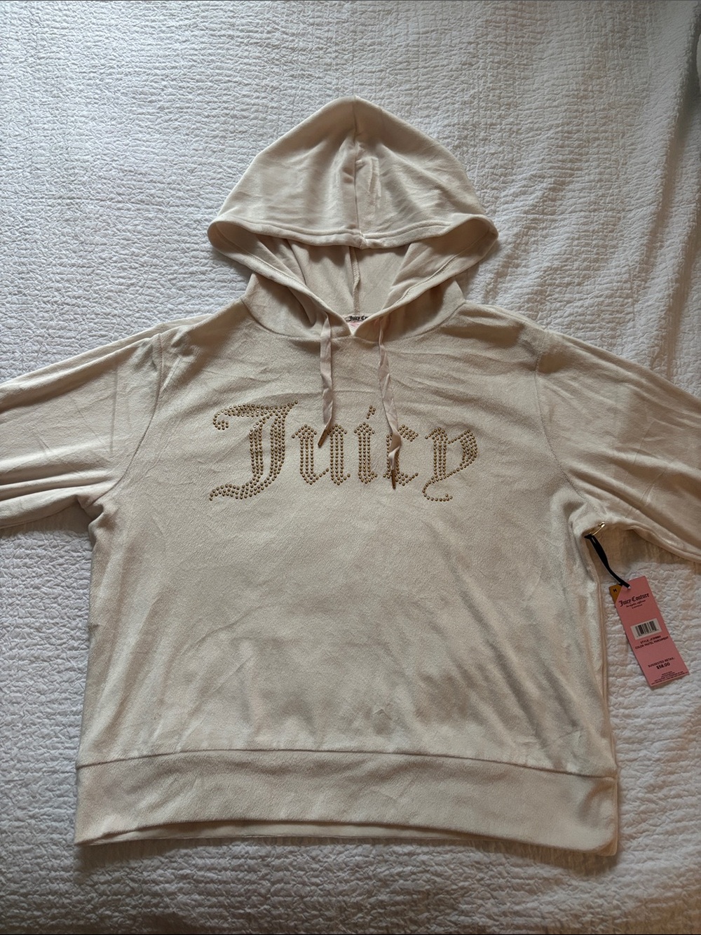 Juicy Couture Cream Rhinestone Script Hoodie Pullover